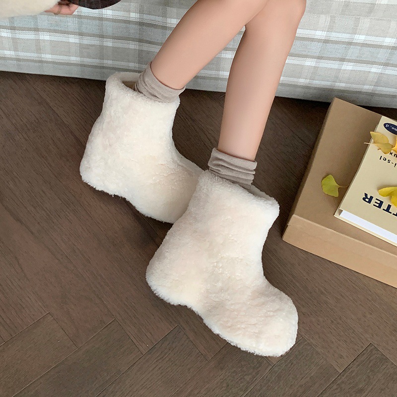 羊皮毛一体厚毛里雪地靴圆头平底毛毛鞋超高跟鞋女短靴保暖马丁靴