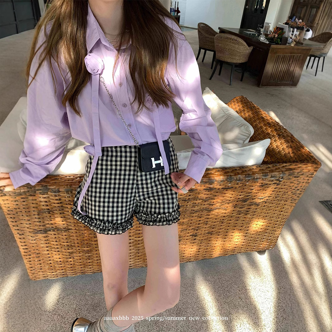 aaaaxbbb 假日报刊 三色含棉花边短裤高腰显瘦慵懒风休闲格子裤女