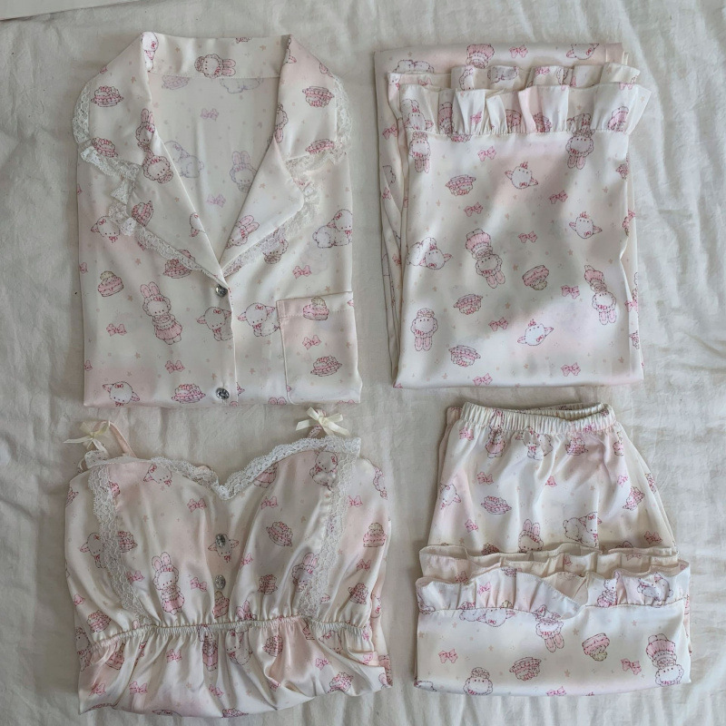[Soft Flower Rabbit] Early Spring New Four-Piece Set of Ice Silk Pajamas with Cartoon Bunny, Cute and Age-Reducing Home Wear for Women