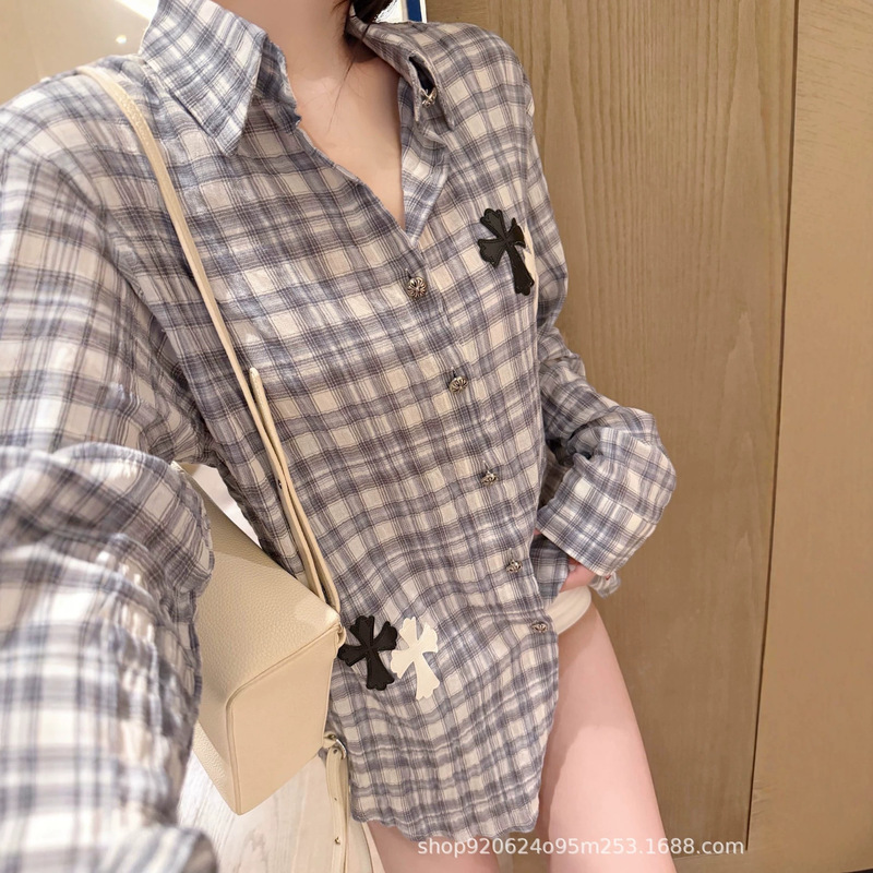 26 New Summer Style Cross-Pattern Leather Label French Retro Plaid Shirt Stylish Sun Protection Top 26 New Summer Style Cross-Pattern Leather Label French Retro Plaid Shirt Stylish Sun Protection Top