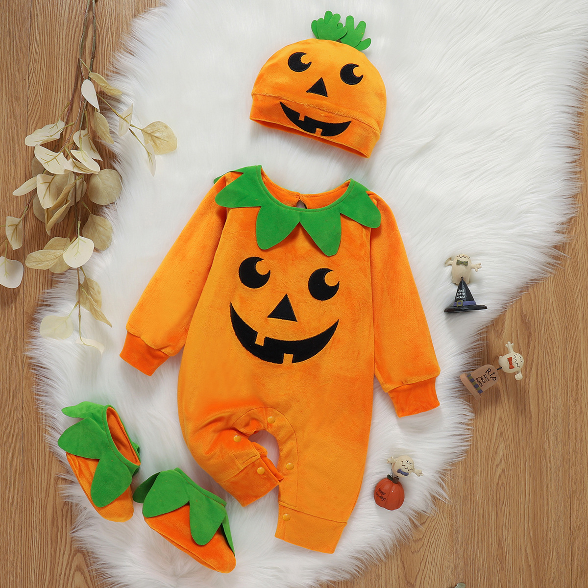 Ropa exclusiva transfronteriza para niños mono de bebé de Halloween sombrero de calabaza europeo y americano mameluco de manga larga traje de tres piezas