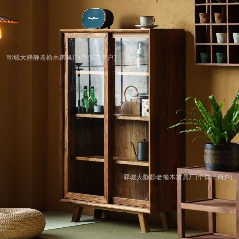 Old Elm Sideboard with Glass Wall Storage Cabinet Household Small Apartment Tea Cabinet Low Cabinet