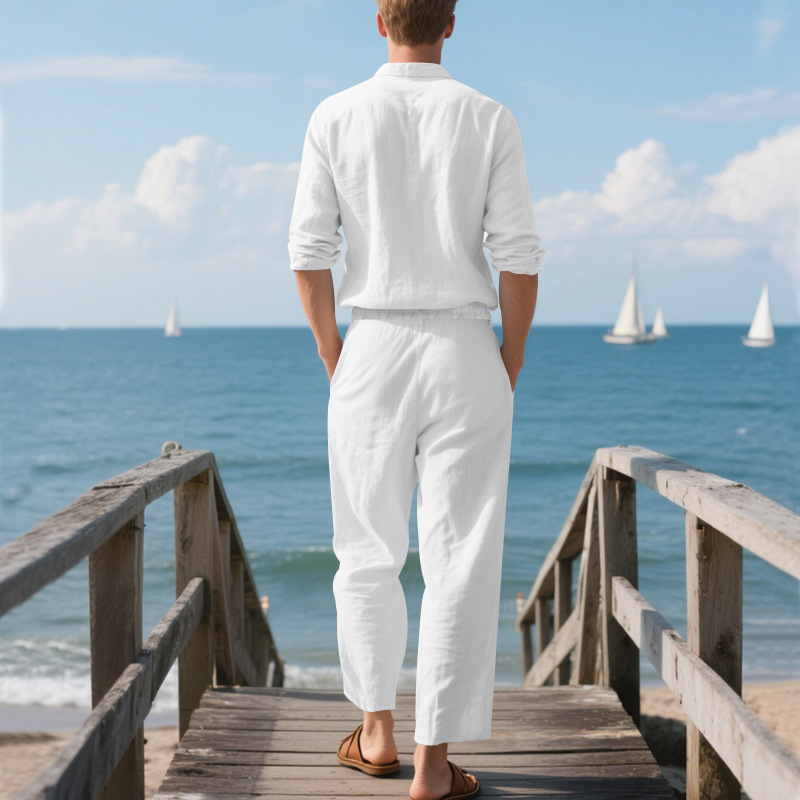 Herren Anzug Aus Leinen Mit Langarmhemd Und Hose Für Den Herbst_voghion.com