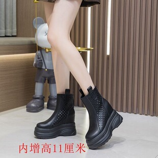Height-Increasing Boots for Women, Genuine Leather Perforated Leather Boots, High-Heeled Boots, 2025 New Style Platform Thick-Soled Slim Boots, Sandals
