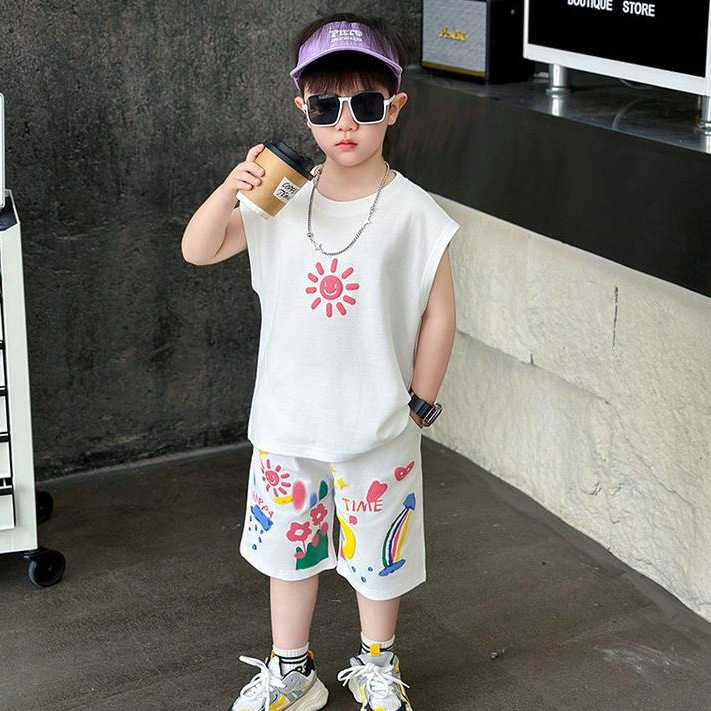 7953 traje de chaleco sin mangas de verano para niños 2025 nueva ropa de joven maestro de moda fresca y de moda para niños dos de verano