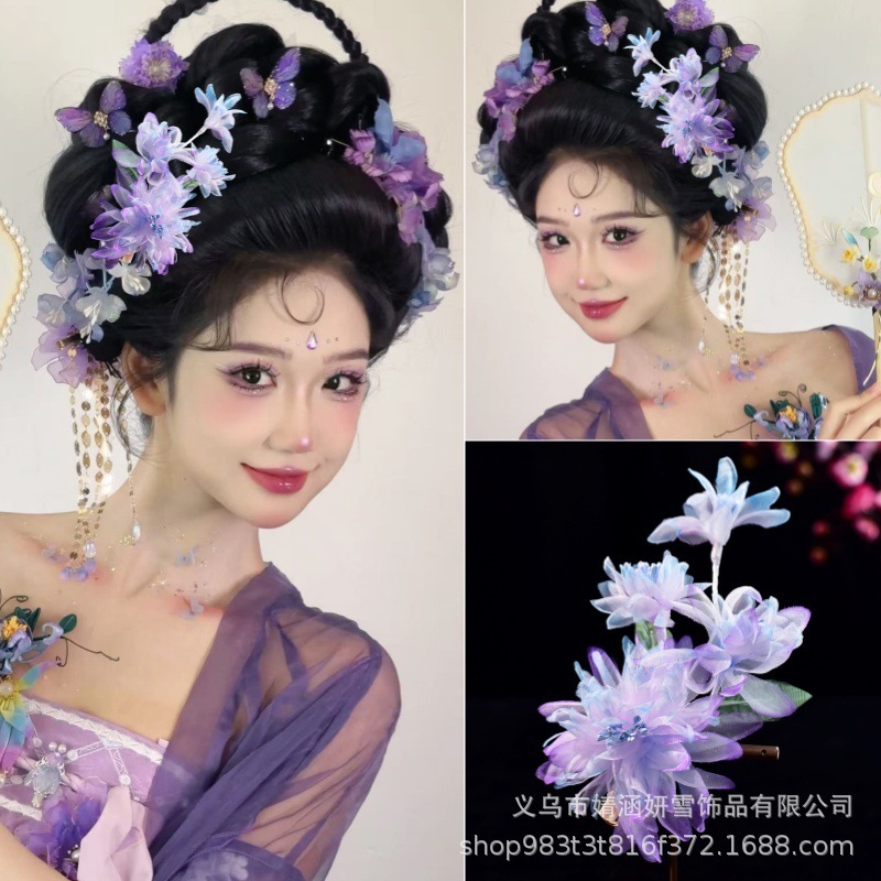 古代風蝶ヘッドドレス、紫色の古代風ヘアアクセサリー、漢服ホットフラワーヘアピン、シルクフラワー、新しい古典舞踊紫色のヘアアクセサリー|undefined
