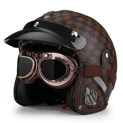 and winter pedal 3/4 helmet, Motosiklet dəbilqələri - m-brown-plaid-print-copper-mirror-free-brim-face-towel