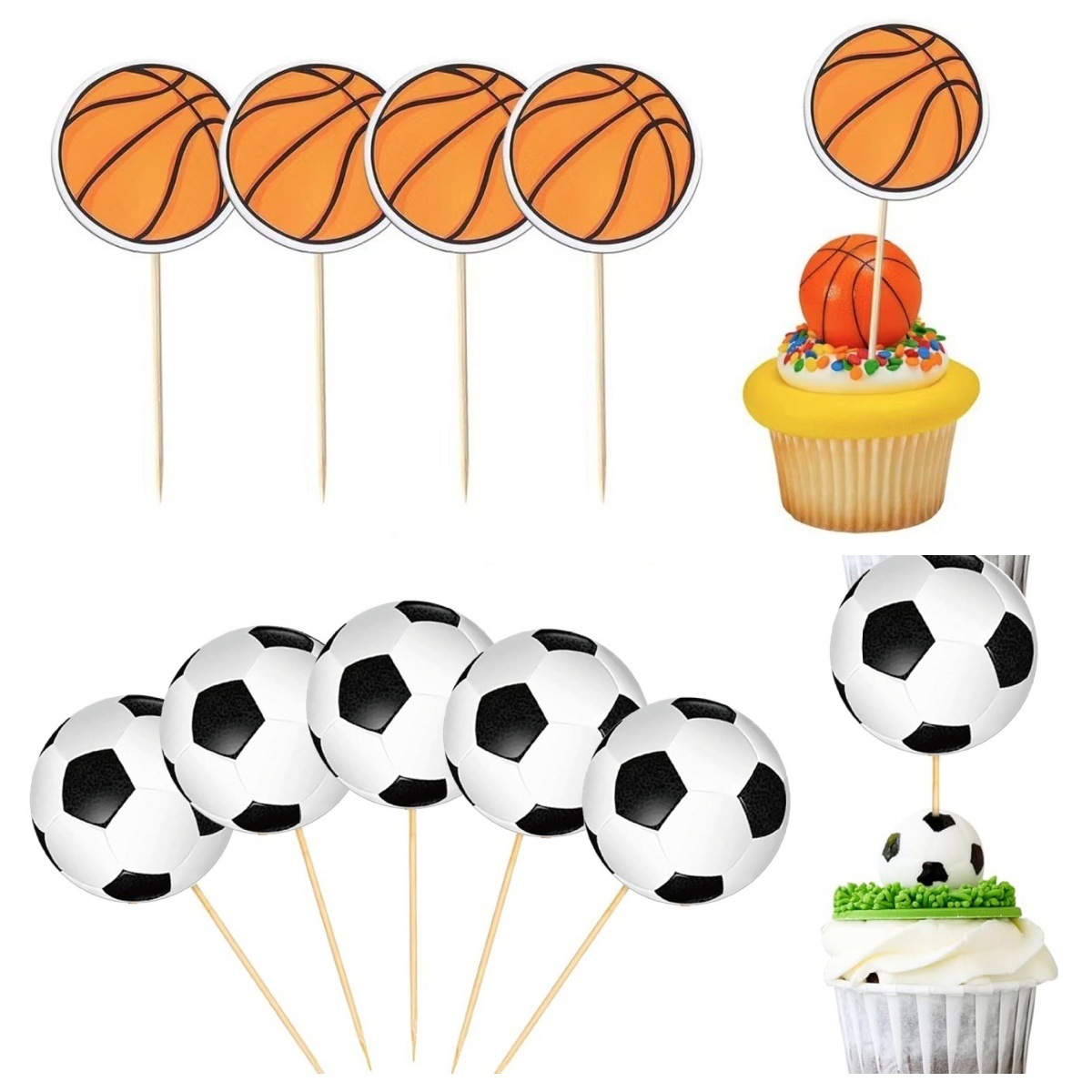 Cross-Border Basketball and Football Cake Toppers, Sports-Themed Party Dessert Fruit Decoration Inserts