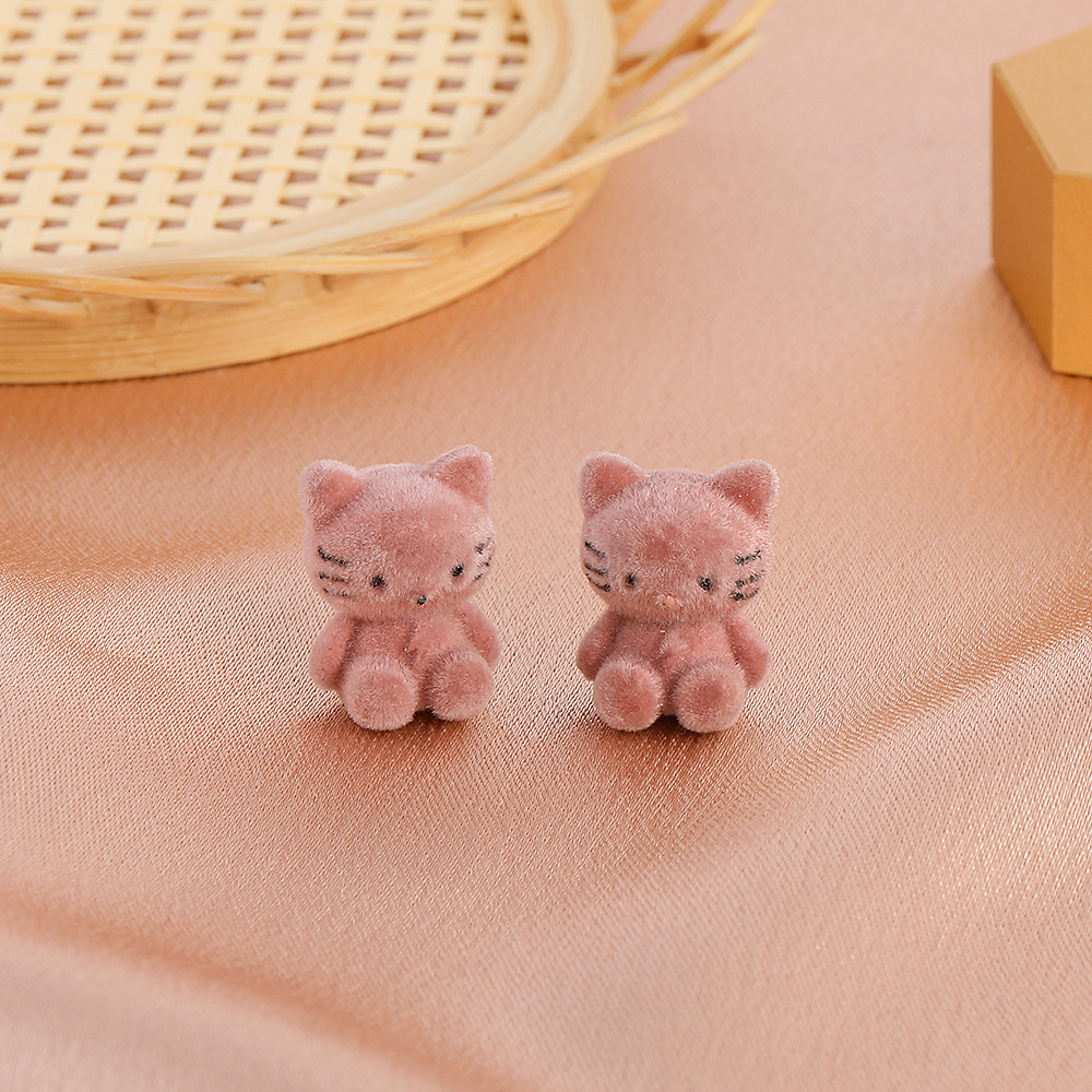 Korean Cartoon Cute Flocking Bear Earrings 925 Silver Needle Plush Rabbit Cat Earrings display picture 5