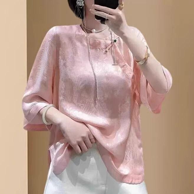 新しい中国風の女性の半袖紫色のアセテートジャカードナショナルスタイルトップサマーシャツ西洋スタイル多用途五分袖シャツ|undefined