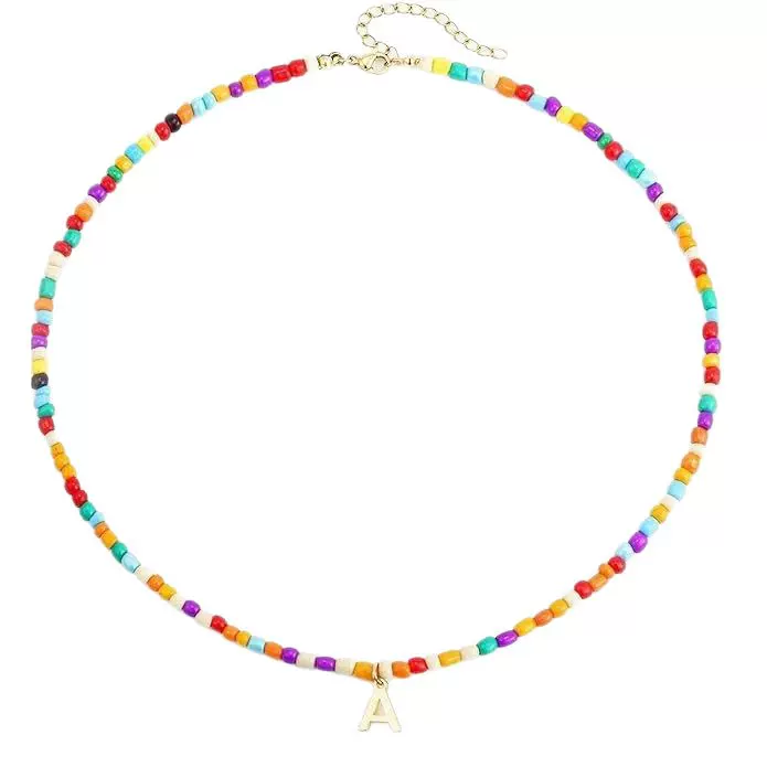 欧美时尚波西米亚风26字母吊坠多巴胺手工米珠串珠项链自然百搭