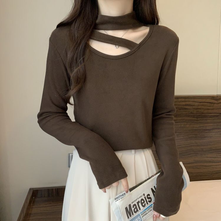 Plus-Size Women's Clothing, Versatile Long-Sleeve Shirt for Chubby Girls, Autumn and Winter Thermal Base Layer, Hollow-Out Top