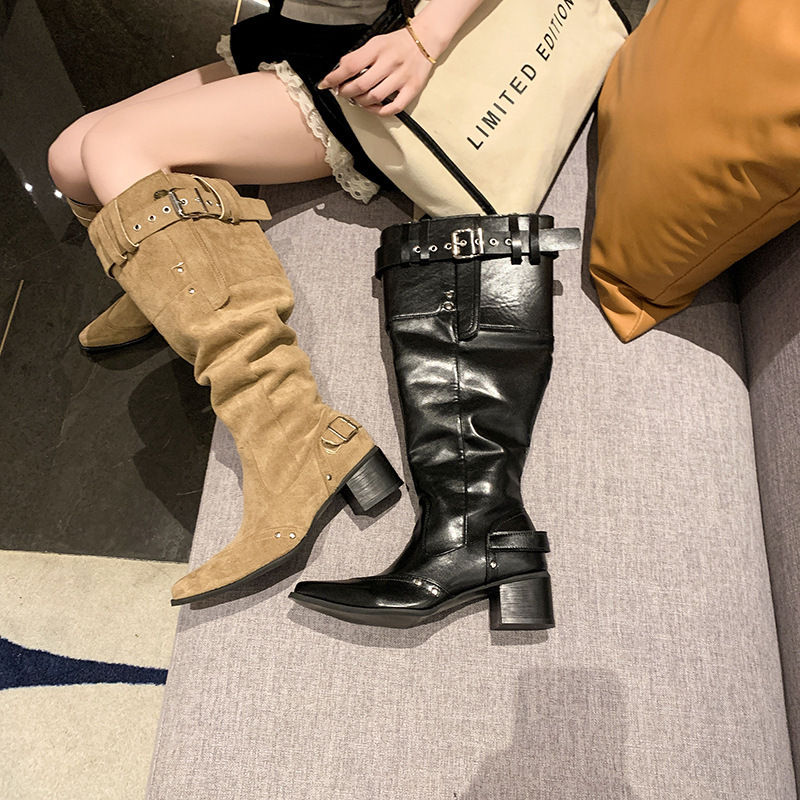 Over-The-Knee Boots for Women 2025 Spring & Fall Apricot Suede Pointed Boots for Women Thick Heel Slimming Look Pleated Boots