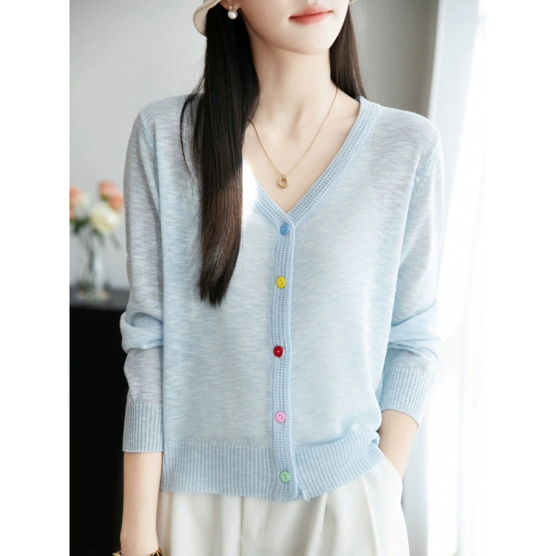 Летний тонкий бамбуковый льняной кардиган с v-образным вырезом, легкий и дышащий трикотаж чистого цвета, универсальная рубашка с кондиционером, солнцезащитная куртка-рубашка.