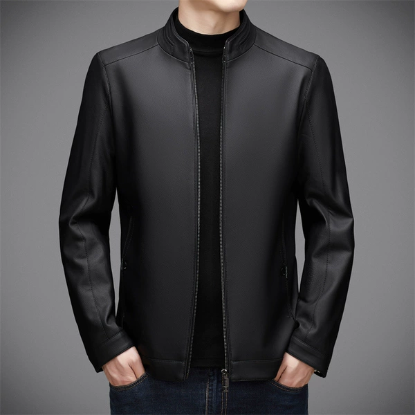 Black single leather jacket with stand collar 2419