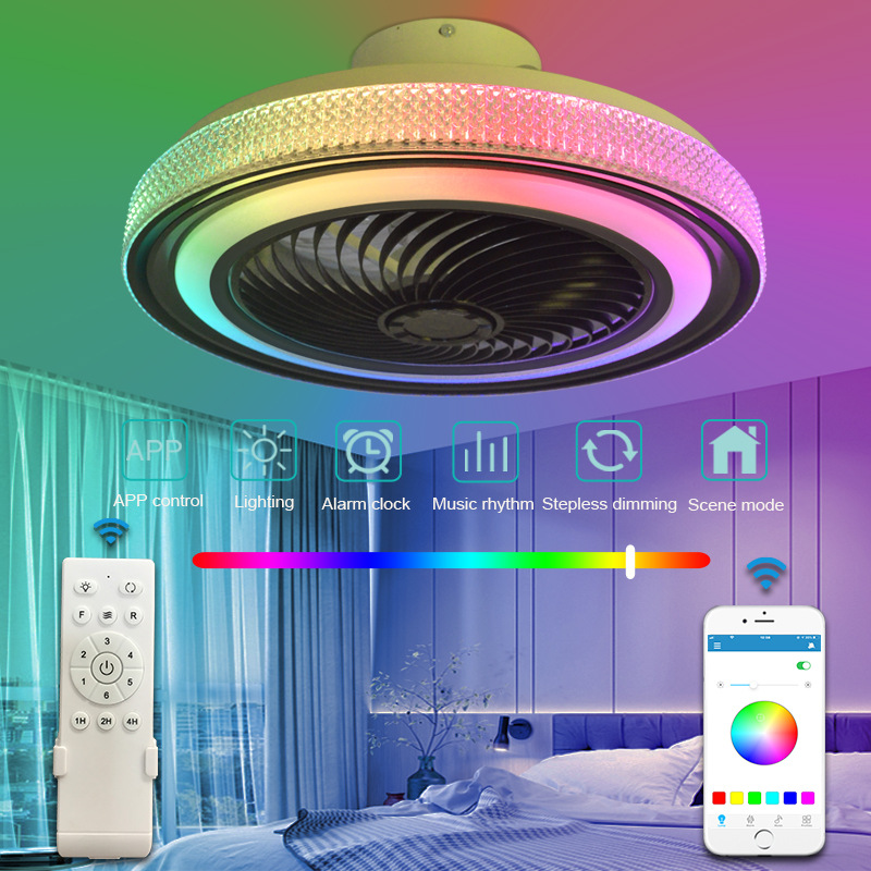 RGB color dormitorio luz del ventilador casa comedor LED luz de techo inteligente APP Bluetooth música invisible luz del ventilador