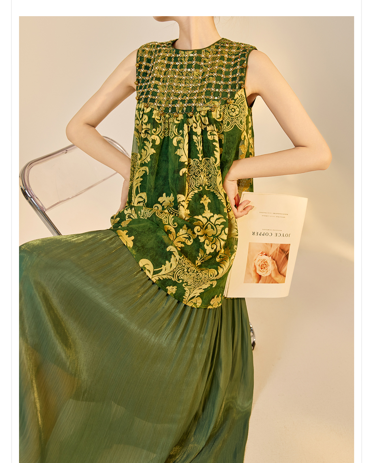 Đầm maxi nữ phong cách Trung Hoa mới, tay không, đính cườm lụa, dáng thắt eo N6041 — màu vàng, xanh lá cây chi tiết 4