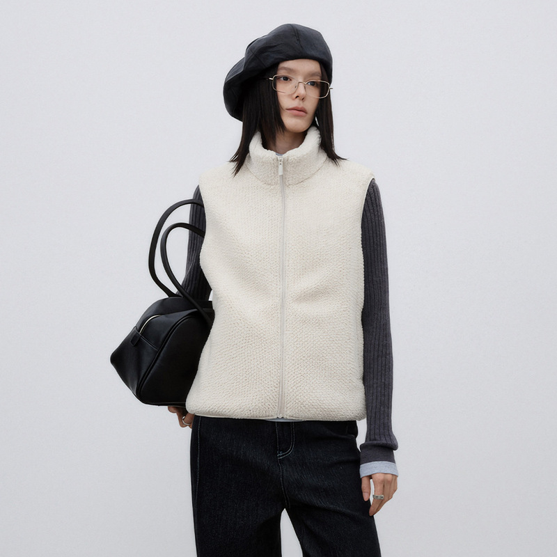 Winter Polar Fleece Vest Women's Short High Collar Zipper Thermal Vest Cold-Proof Fleece Casual Sleeveless Jacket