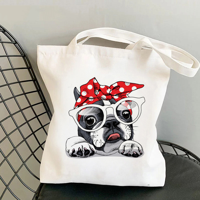 Comercio exterior transfronterizo Bulldog francés impresión bolsa de lona Haraku bolsa de compras portátil de hombro en stock