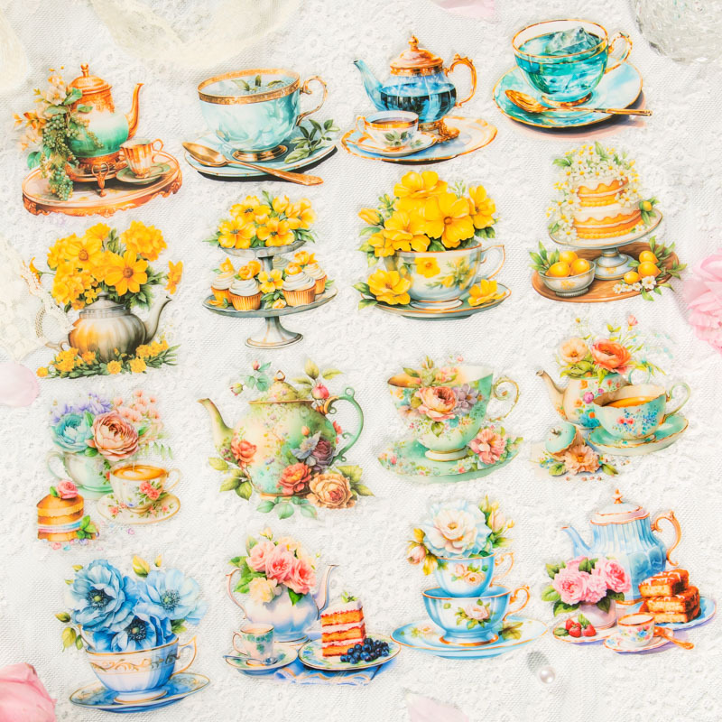 Beautiful Day PET Stickers – Victoria Afternoon Collection: Retro French-style Romantic Floral Tea Set & Journal Decor