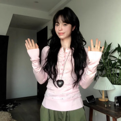 早秋辣妹复古镂空针织衫打底衫女长袖修身设计感T恤粉色上衣