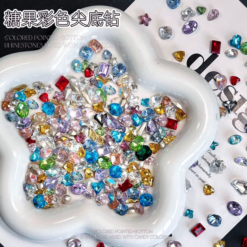 Colorful Candy Nail Art Rhinestones Mixed Pack Popular Pointed-Bottom Irregular-Shaped Rhinestones Super Shiny Mixed Color Dopamine-Sized Nail Rhinestone Decorations Colorful Candy Nail Art Rhinestones Mixed Pack Popular Pointed-Bottom Irregular-Shaped Rhinestones Super Shiny Mixed Color Dopamine-Sized Nail Rhinestone Decorations