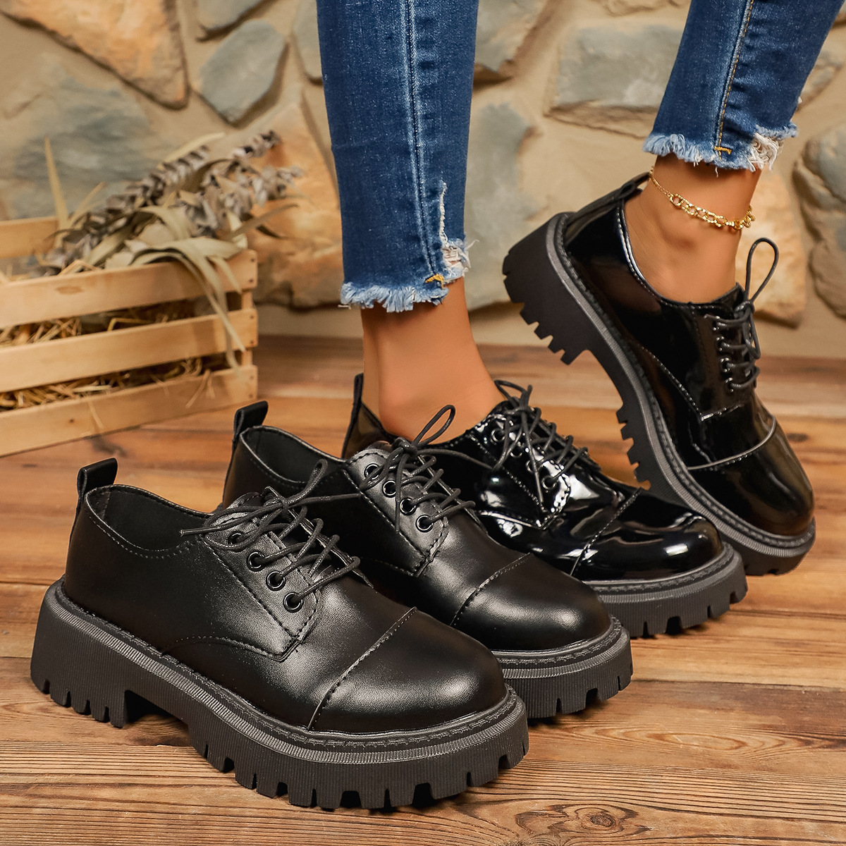 Mocassini bassi da donna in stile britannico con lacci, punta tonda, stile retrò, taglie forti, primavera, nuove scarpe eleganti in pelle._voghion.com