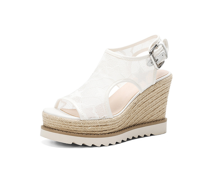 Sandal nữ đế xuồng cao gót mũi hở phong cách Bohemian, chất liệu đan rơm kết hợp lưới thoáng khí — màu hồng nhạt, màu trắng chi tiết 20
