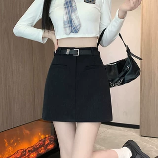 灰色高腰西装短裙女夏季2024新款学院风辣妹百搭a字包臀半身裙子