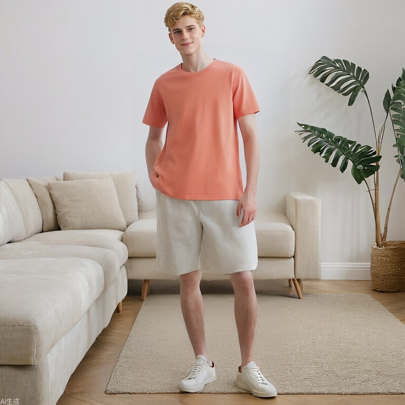 Ag210G 40-Count Double Yarn Round Neck Short-Sleeve T-Shirt for Men, Straight-Cut Combed Cotton, Solid Color, Loose Fit, Custom Heat Transfer Printing