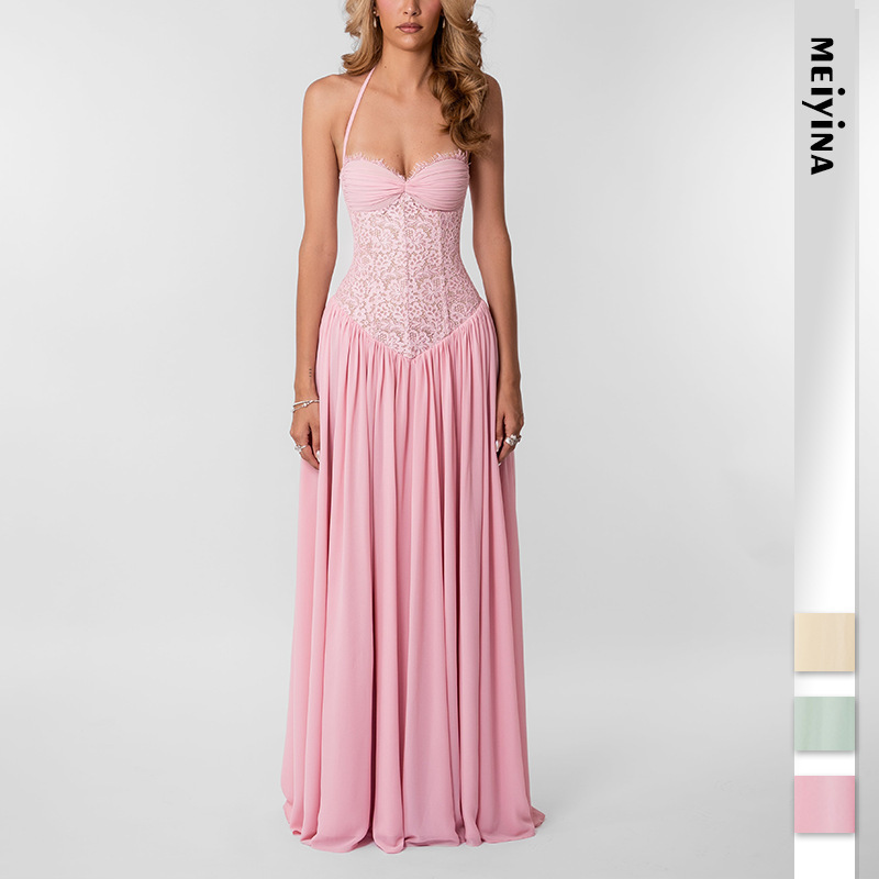 2026 New European and American Cross-Border Women's Clothing: Strapless Lace Sexy Waist-Cinching Ruched Long Evening Gown