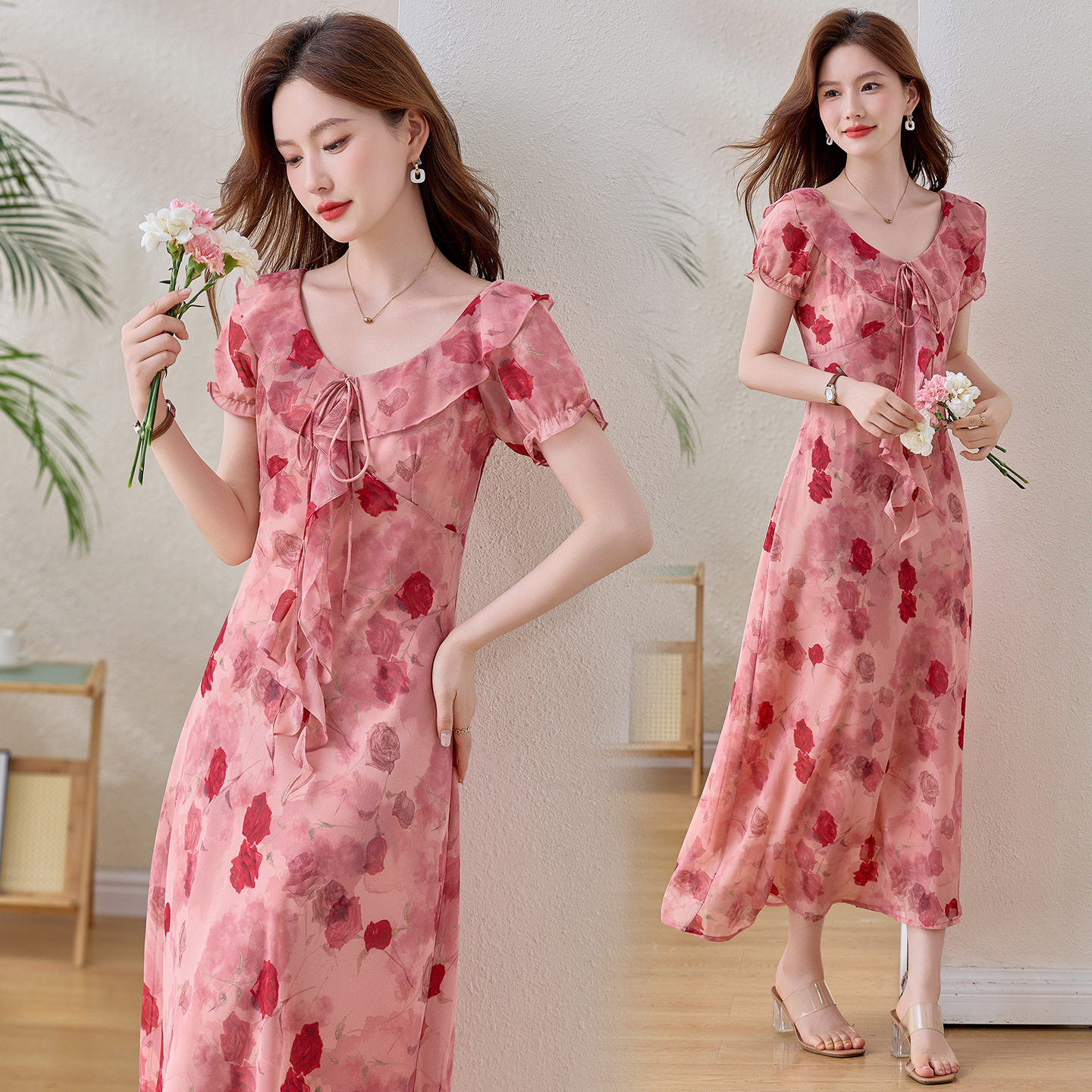Đầm maxi nữ hoa hồng cổ V tay ngắn thắt eo — Hồng lãng mạn