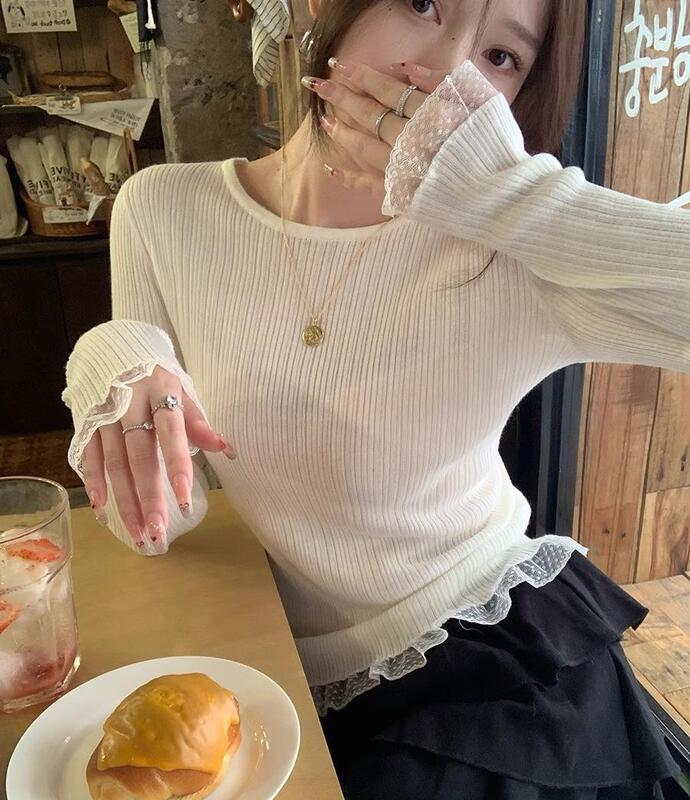 蕾丝打底衫女2025新款秋冬肌理感针织衫花边圆领毛衣羊毛内搭上衣|undefined
