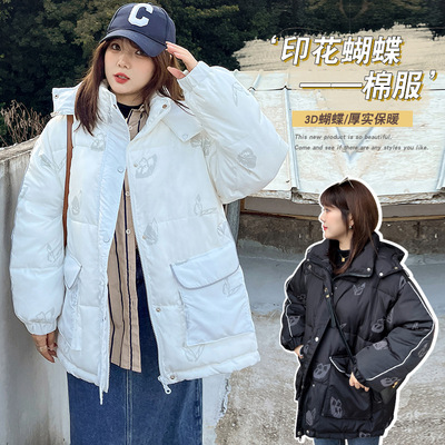 Y253轩辰大码韩版街头风个性印花蝴蝶保暖棉服冬新款加厚防风外套