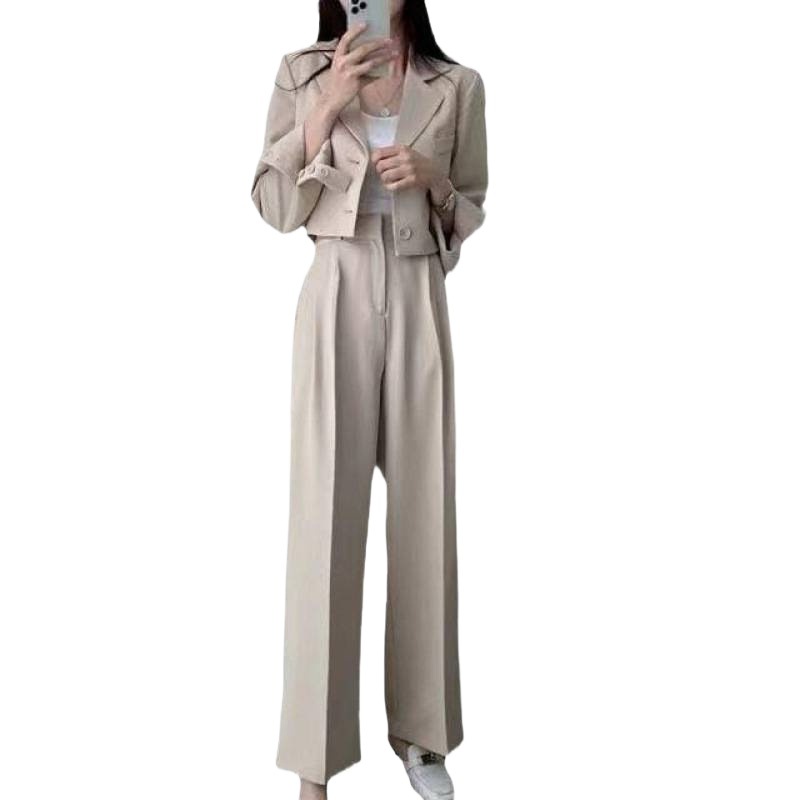 ChicShe Korean Chic Retro Revers Zwei-Knopf Lockerer Blazer Kurze Jacke Hoch taillierte Hose mit weitem Bein Lange Hosen Anzug Damen_voghion.com