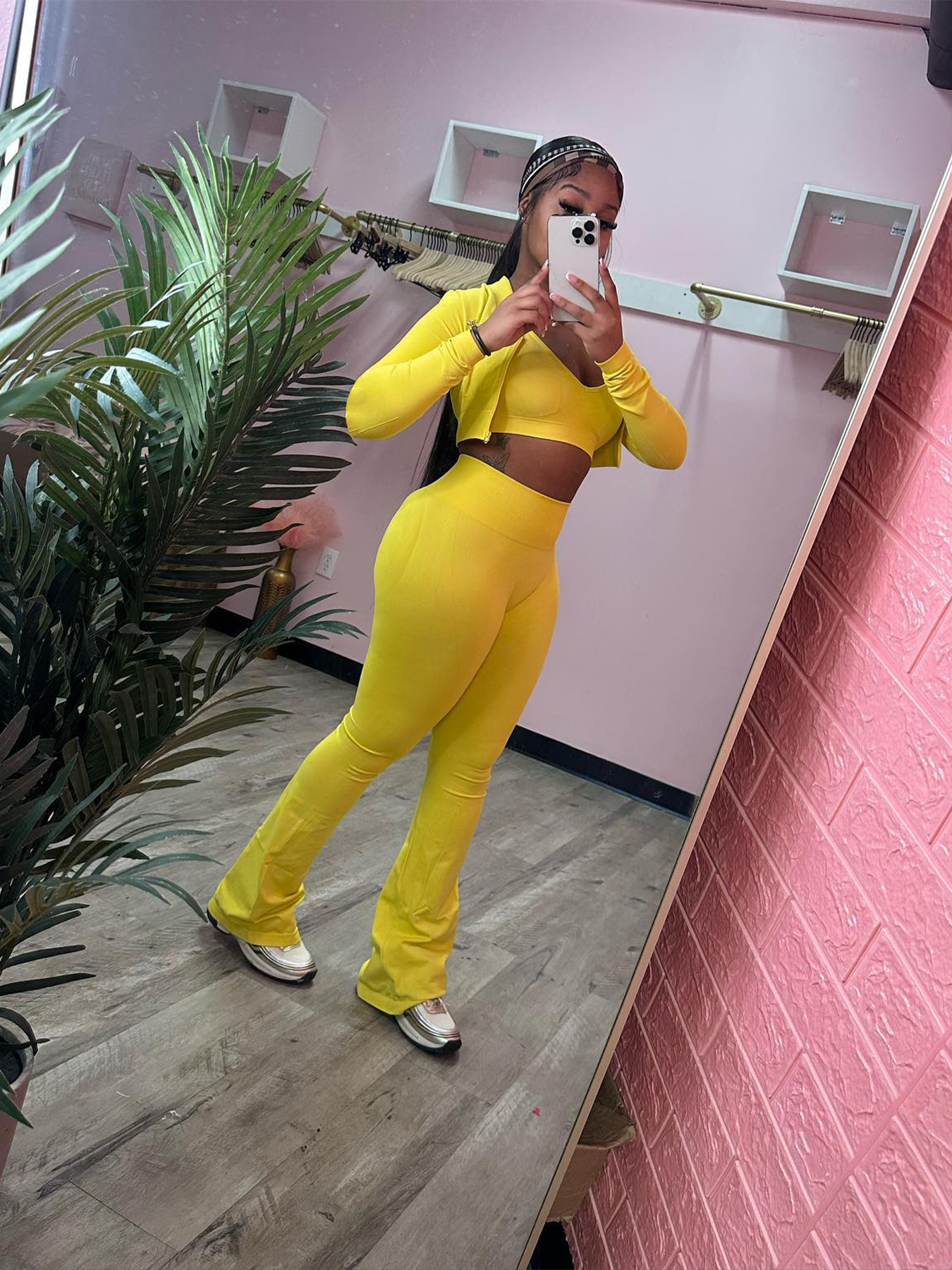 Women Clothing Basic Solid Color Short Top High Waist Bootcut Sports Casual Three Piece Suit Suit