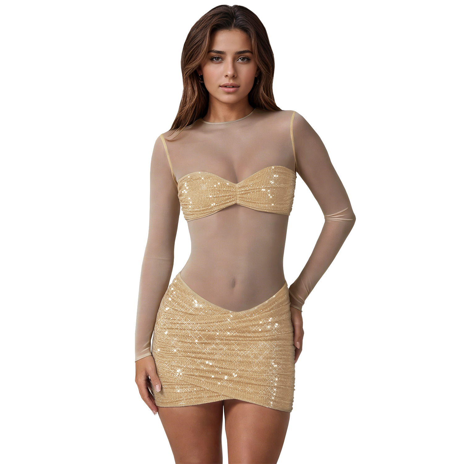 C7636 Aliexpress transfronterizo Amazon Europa y América de moda femenina perspectiva sexy malla de diamante vestido vestido corto image 8