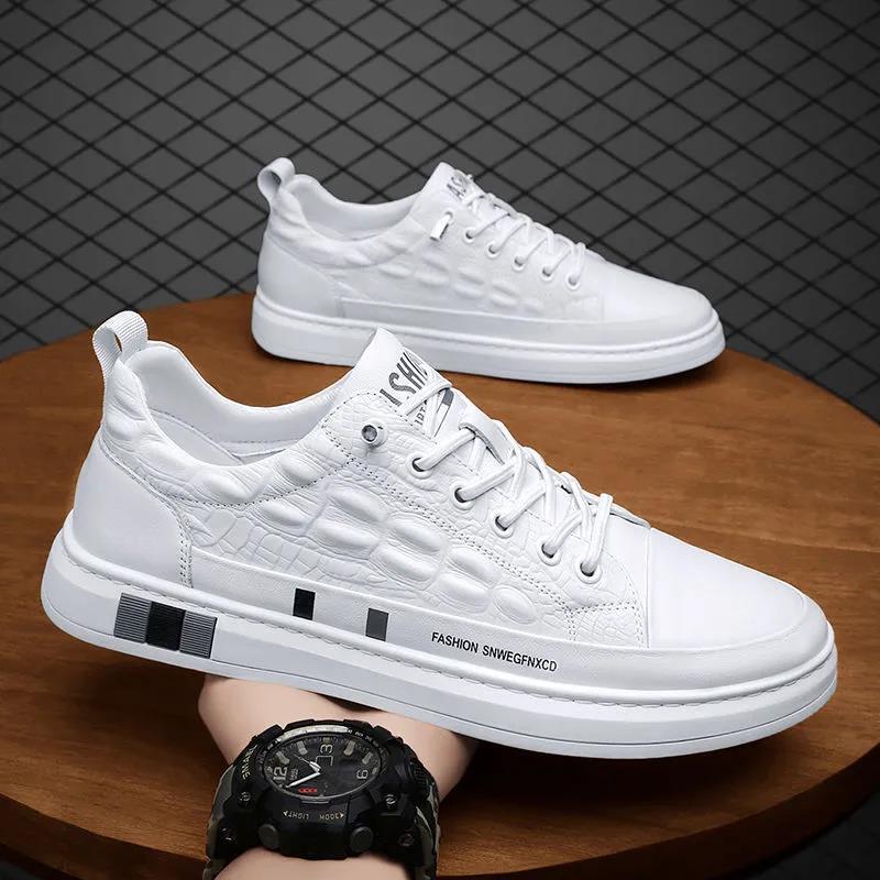2024 Spring New Trendyy Fashion White Shoes Pu Pure Color Crocodile Pattern Casual Men's Shoes Student Shoes Men's Sneakers