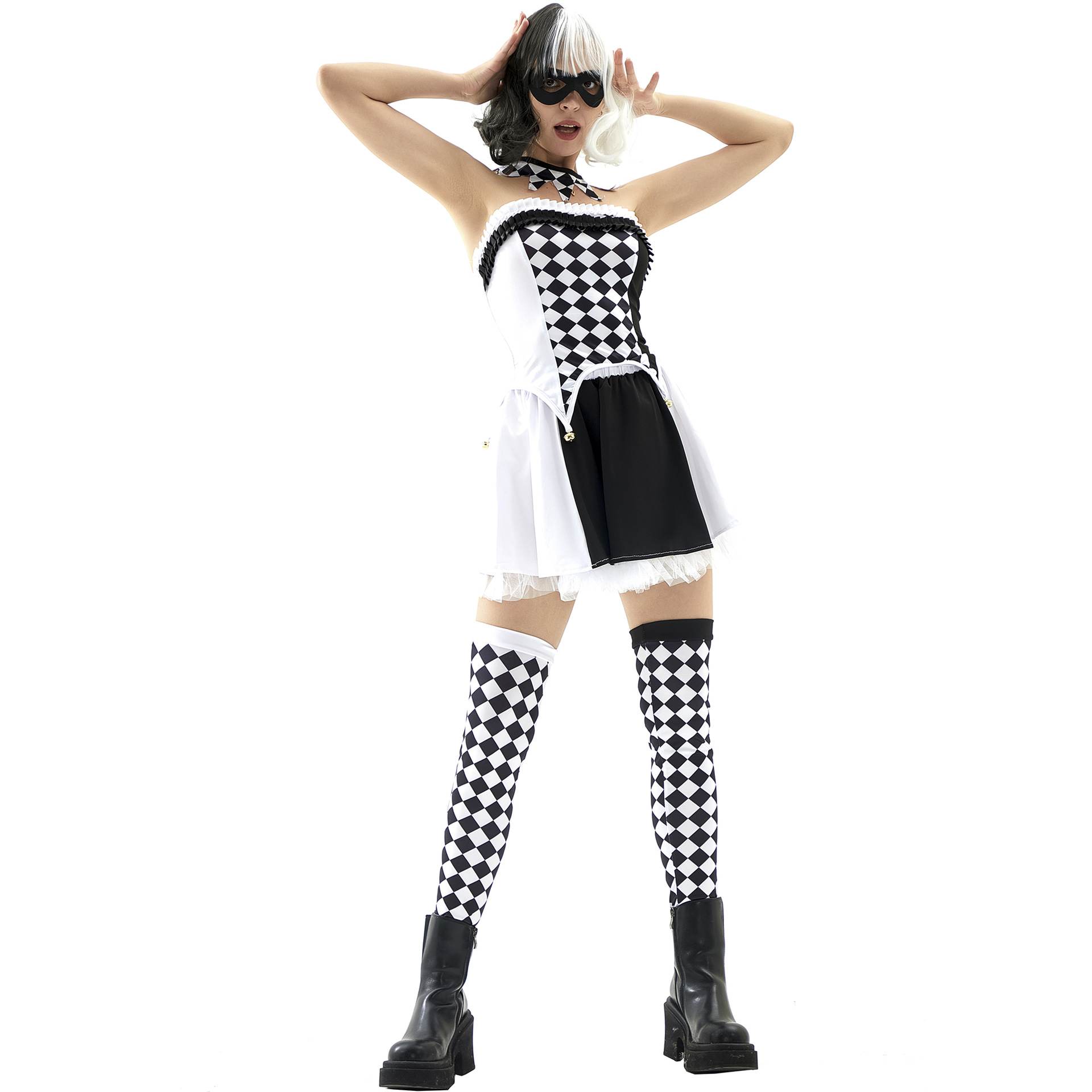 thumbnail image 1 of Disfraces de Halloween 2024 S-XL Cruella disfraz de drag queen de payaso bruja a cuadros en blanco y negro disfraz de Halloween vestido de fiesta de circo, 1 of 5