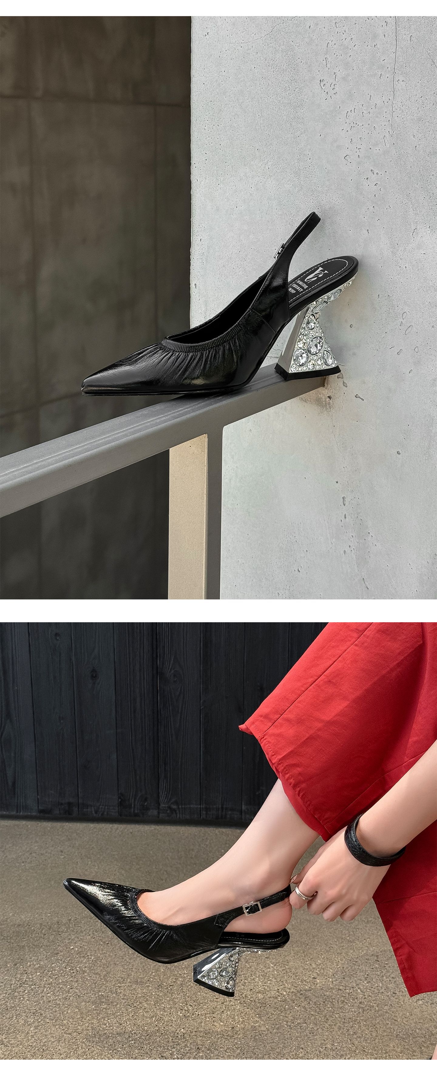 Sandal cao gót nữ mũi nhọn hở mũi quai sau xếp ly đính đá — màu đen, màu vàng, bạc chi tiết 18