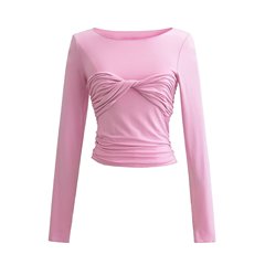 歐美辣妹秋季圓領包胸紐結長袖收腰短款T恤性感上衣