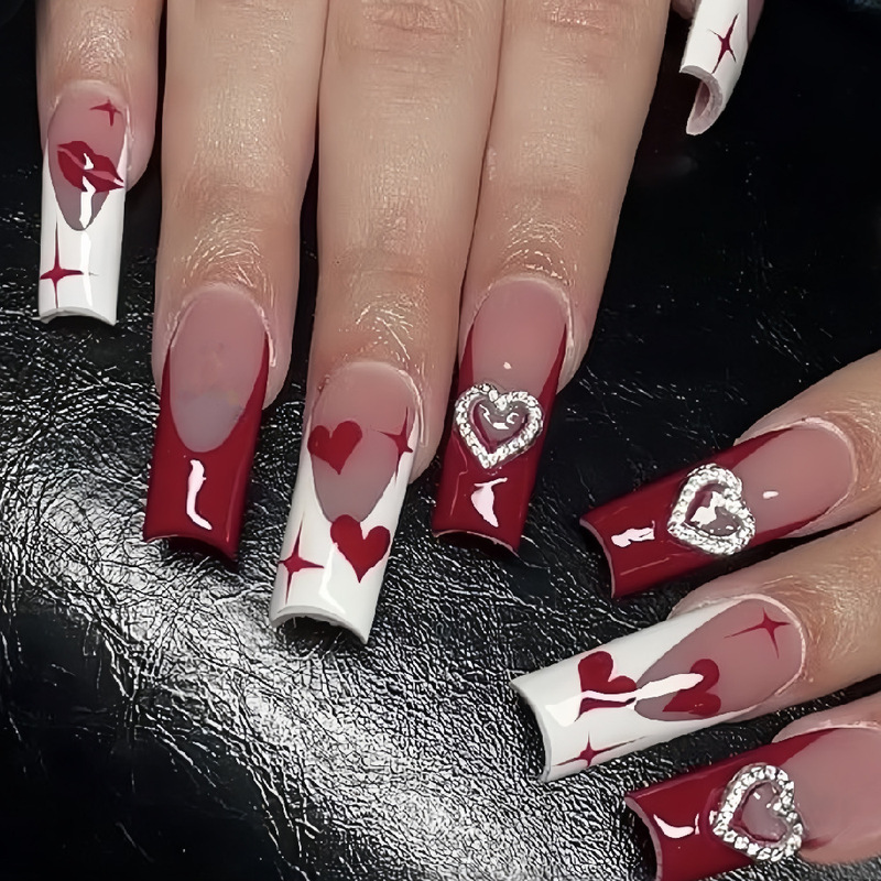Cross-Border Hot-Selling White and Red French-Style Red Lip Print Heart Star Glitter 3D Silver Heart Press-On Nails for Valentine's Day Cross-Border Hot-Selling White and Red French-Style Red Lip Print Heart Star Glitter 3D Silver Heart Press-On Nails for Valentine's Day