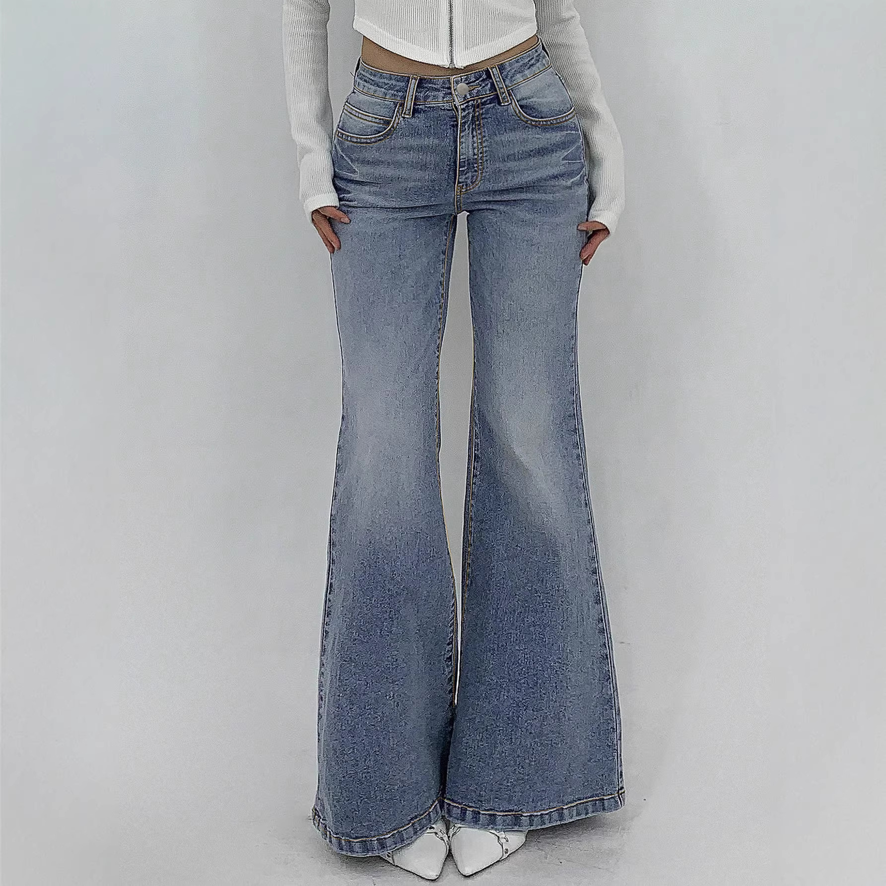 Women's Clothing High Waisted Flared Jeans, Street Style, Stretchy Slim Fit, With Pockets, Slightly Flared._ecoleips.com