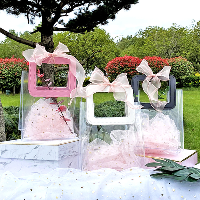 透明ins风手提袋结婚喜糖伴手礼鲜花包装拎袋PVC节日礼品礼物袋子