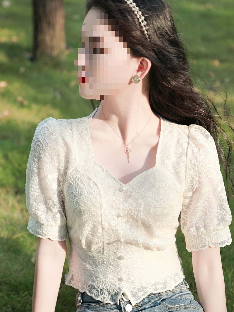 唐千禧 仙气日常 蕾丝衫上衣方领修身洋气超仙小衫小衫衬衫上衣女