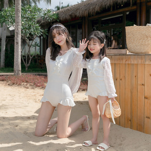 New Fairy Style White Parent-child Swimsuit One-piece Triangle Lace Long Sleeve ins Children Baby Mother and Daughter Swimming Suit