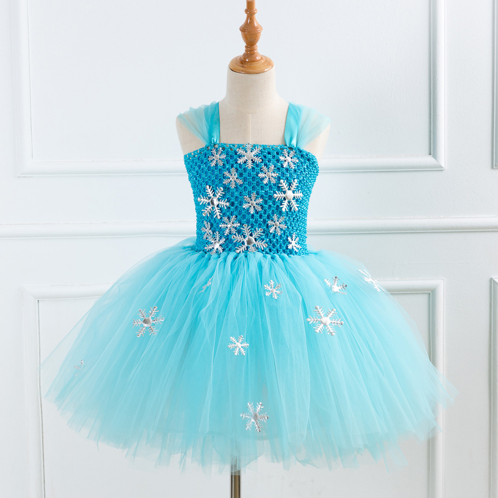 Christmas children's clothing Europe and the United States ice and snow girls dress mesh sky blue snowflake Tute dress Princess dress a generation of hair