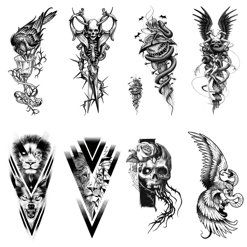 Xqb New Cross-Border Black Skull Animal Eagle Snake Water Transfer Tattoo Artificial Disposable Tattoo Sticker