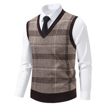 跨境外贸速卖通男秋冬大码格子套衫毛衣男爸爸宽松坎肩针织衫背心