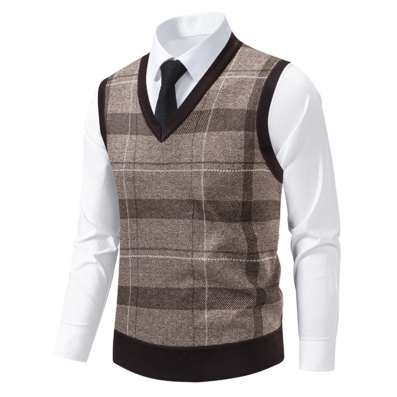 跨境外贸速卖通男秋冬大码格子套衫毛衣男爸爸宽松坎肩针织衫背心